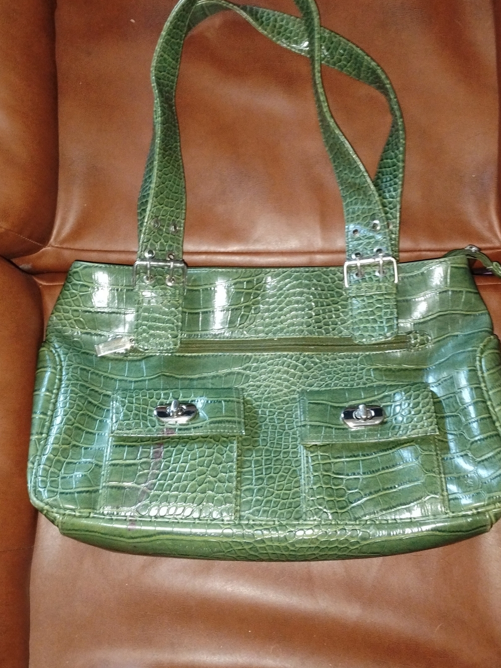 Avenue Green Croc-Embossed Shoulder Bag